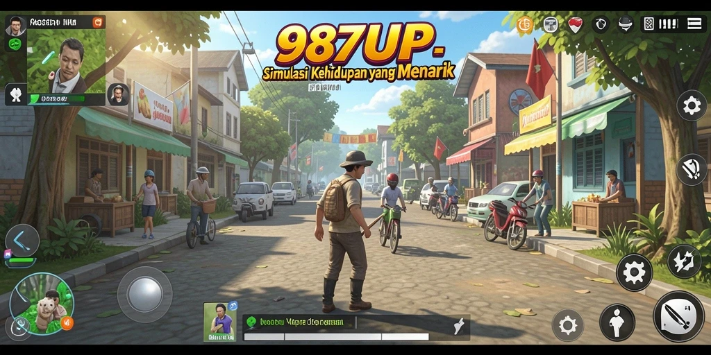 Screenshot gameplay 987UP menampilkan interaksi karakter dalam dunia simulasi.