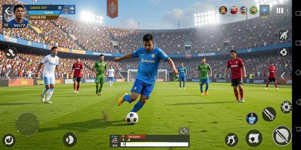 Screenshot utama COO77 memperlihatkan aksi mendebarkan dalam permainan sepak bola.