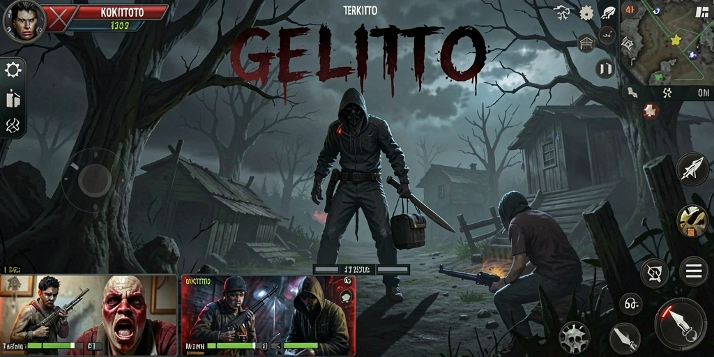 Screenshot gameplay KOKITOTO menunjukkan suasana kelam dan menakutkan.