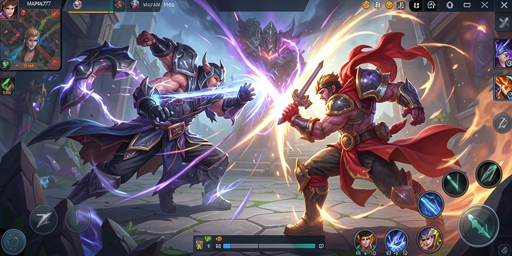 Screenshot gameplay MAPAN777 dengan aksi seru karakter di arena MOBA.