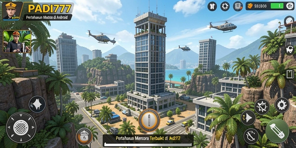 Tangkapan layar gameplay PADI777 menunjukkan menara sedang bertarung melawan musuh.