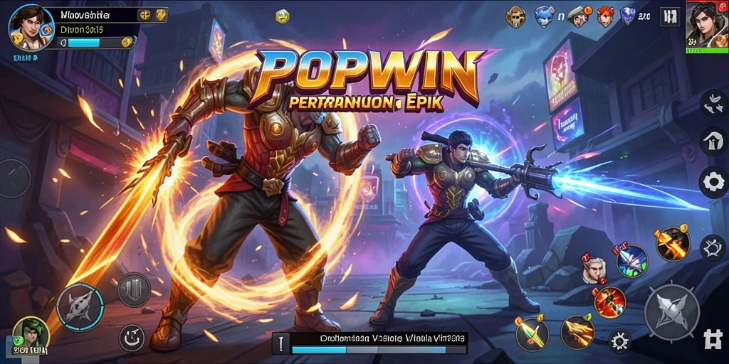 Tampilan aksi pertarungan intens di POPWIN dengan karakter unik.