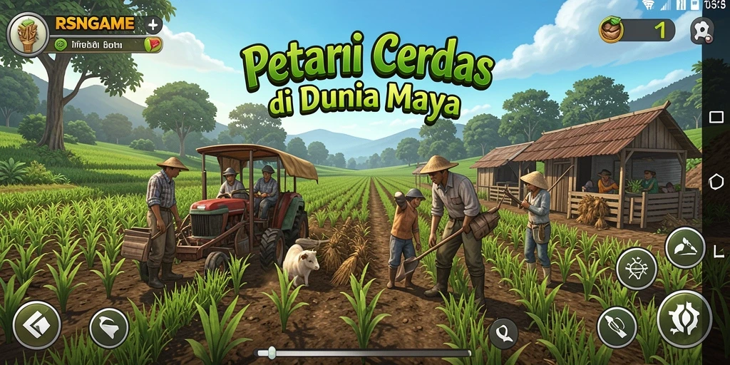 Screenshot utama RSNGAME menampilkan petani sedang merawat tanaman.