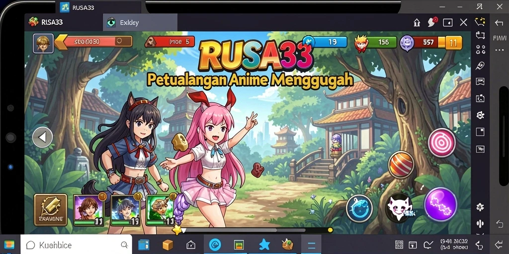 Screenshot gameplay RUSA33 menampilkan pertempuran epik karakter anime.